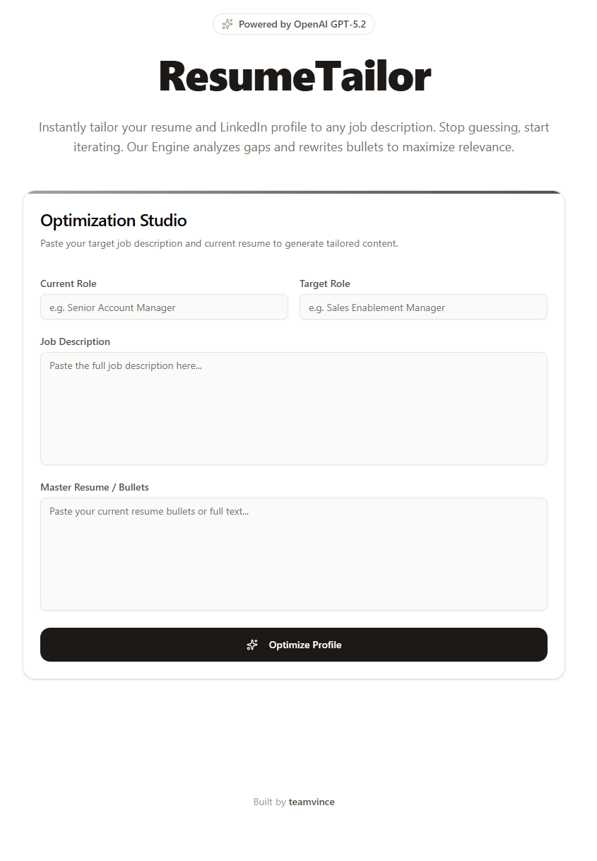 ResumeTailor home screen showing the Optimization Studio input form