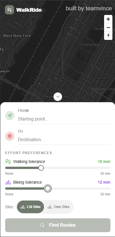 WalkRide route planning input screen with walking and biking tolerance sliders, Citi Bike toggle, and address fields over a dark map of New York