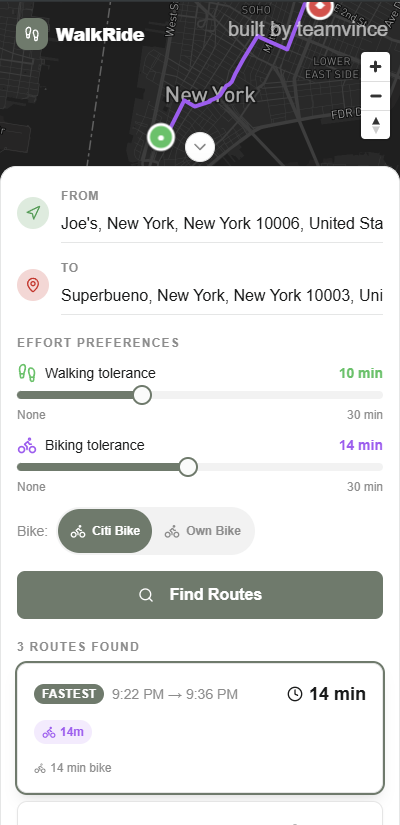 WalkRide route results showing a mapped route in New York with a 14-minute biking route marked as fastest